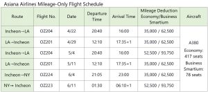 Asiana Airlines Mileage-Only Flight Schedule