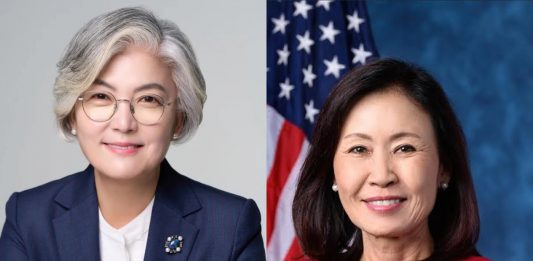 Michelle Steel (right) and Kang Kyung-Wha (left), recipients of the 2024 Bridge Award from the Pacific Century Institute.